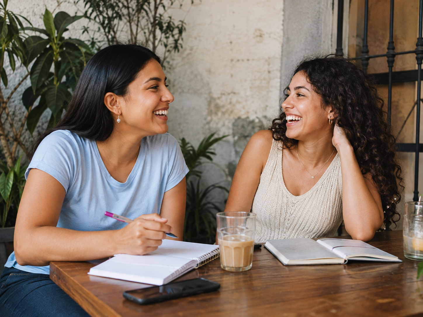 Dos creadoras ficticias conversan con sus cuadernos en una cafetería.
