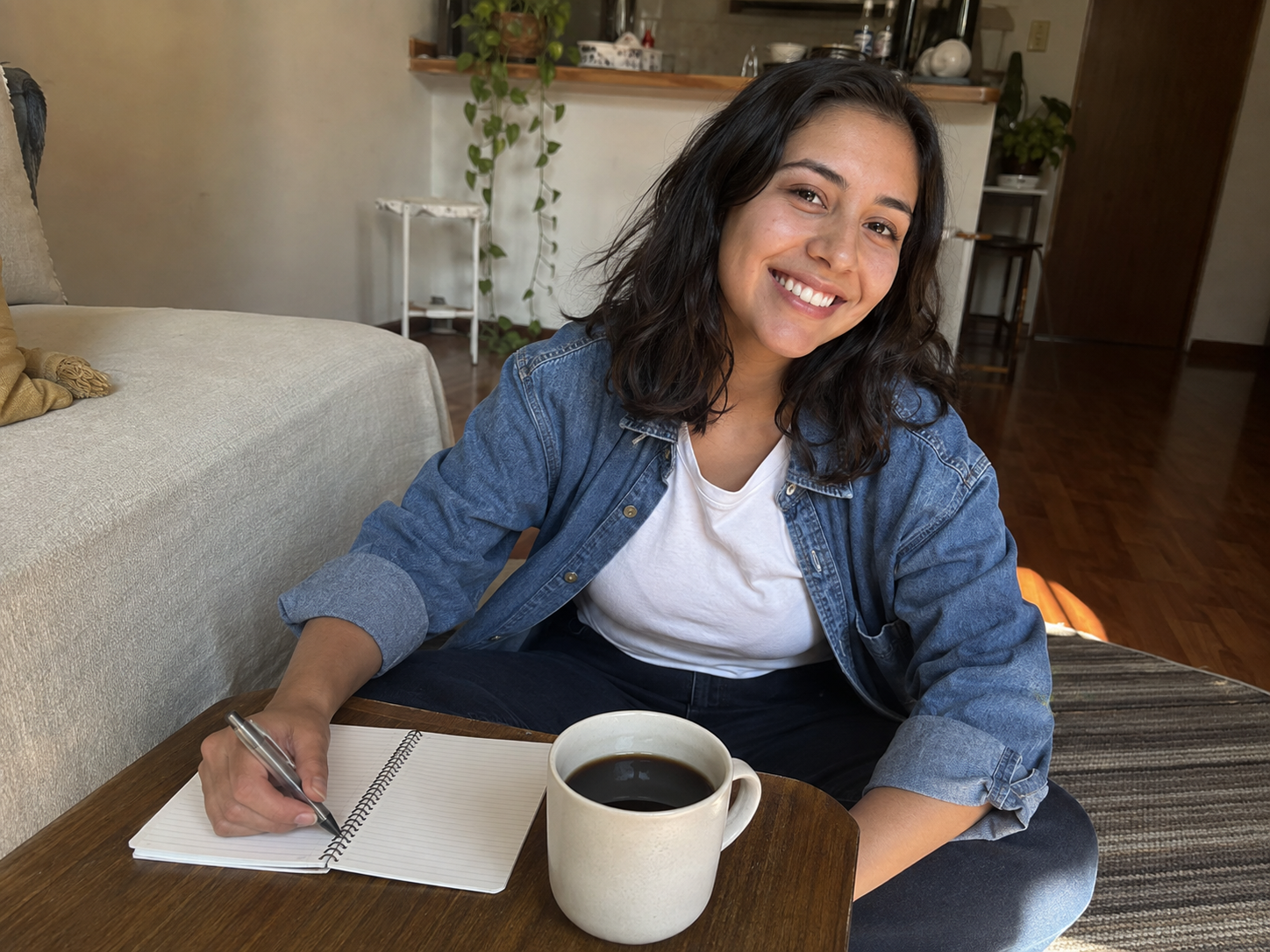 Creadora ficticia compartiendo un rato de cuaderno y café en casa.